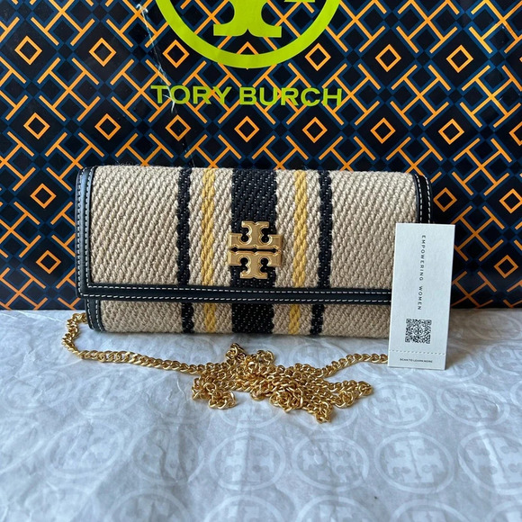 Tory Burch Juliette French Linen Chain Wallet Crossbody Bag Natural Black Woven - Picture 1 of 11